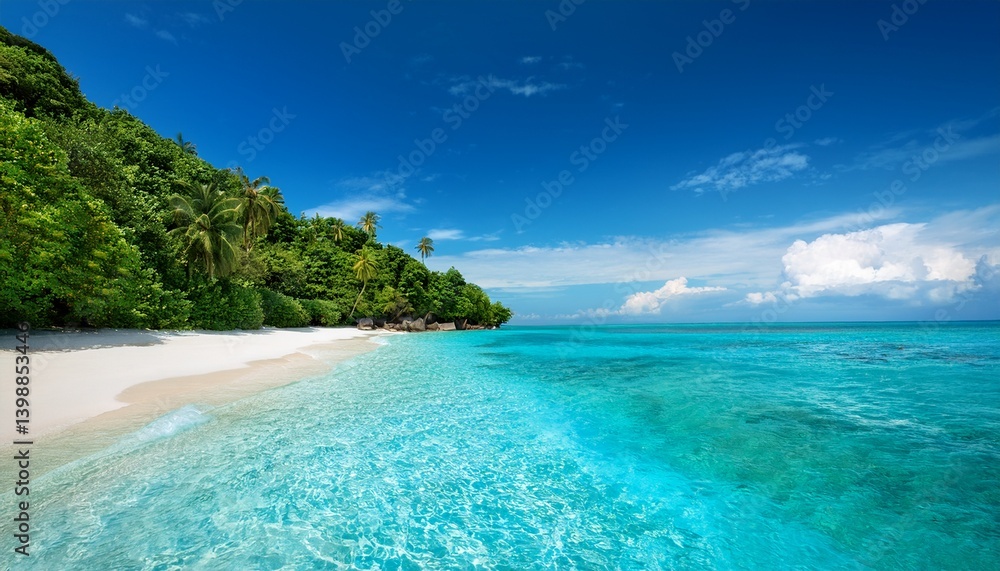 Obraz premium pristine tropical beach with clear waters and lush greenery under bright blue sky