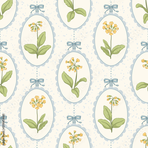 Vintage cowslip medallion vector seamless pattern, oval scalloped cameo frames with bows and ribbon. Classic Victorian-inspired delicate botanical floral primrose print for traditional cottage textile