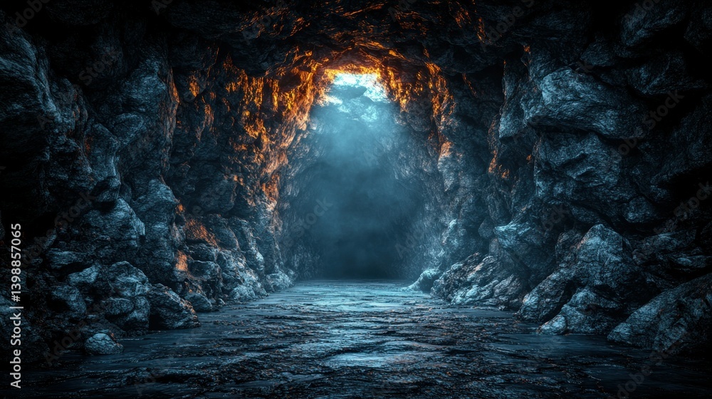 Dark cave tunnel with glowing entrance. A mysterious passageway with rough stone walls, leading to a dimly lit opening where warm light emanates Dark cave tunnel with glowing entrance. A mysterious passageway with rough stone walls, leading to a dimly lit opening where warm light emanates