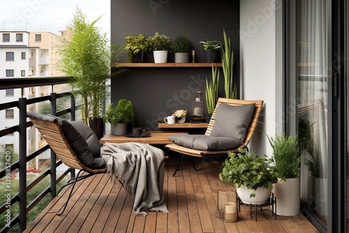 Industrial-style small balcony with metal furniture, concrete planters, and minimalist decor 