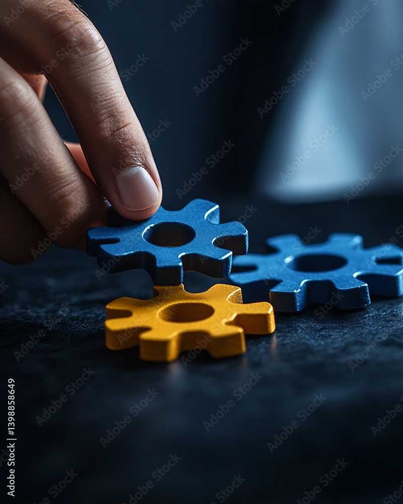 Hand Placing Blue and Yellow Interlocking Gears