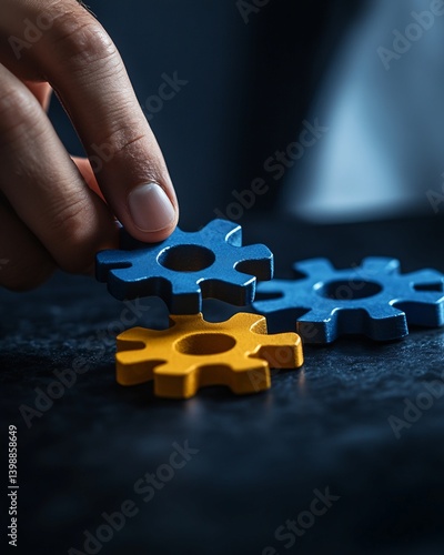 Obraz na płótnie Hand Placing Blue and Yellow Interlocking Gears w salonie