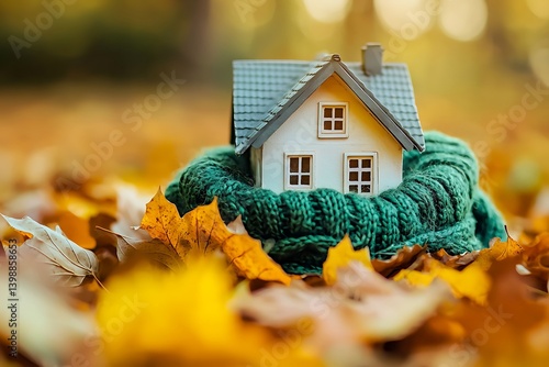 Green scarf wrapped around a miniature house on autumn leaves, symbolizing home protection and insulation