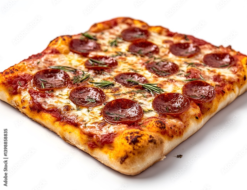 Square pepperoni pizza with cheese and tomato sauce on a white background. Square pepperoni pizza with cheese and tomato sauce on a white background.