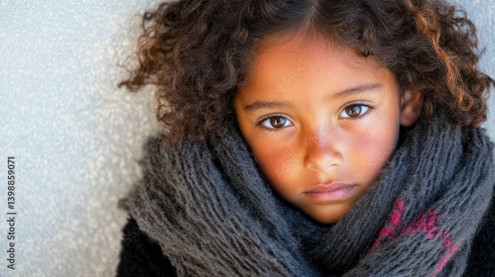 A young girl with curly hair is wearing a scarf and looking at the camera. The scarf is black and gray, and it covers her neck and chest. The girl's expression is serious A young girl with curly hair is wearing a scarf and looking at the camera. The scarf is black and gray, and it covers her neck and chest. The girl's expression is serious