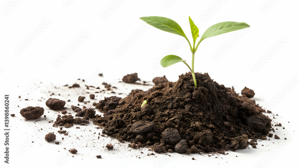 Vibrant Sprout Emerging from Soil Isolated on a White Background Symbolizing New Beginnings,A Tiny Sprout Bravely Emerges From Rich Dark Soil, Symbolizing New Life, Growth. Vibrant Sprout Emerging from Soil Isolated on a White Background Symbolizing New Beginnings,A Tiny Sprout Bravely Emerges From Rich Dark Soil, Symbolizing New Life, Growth.