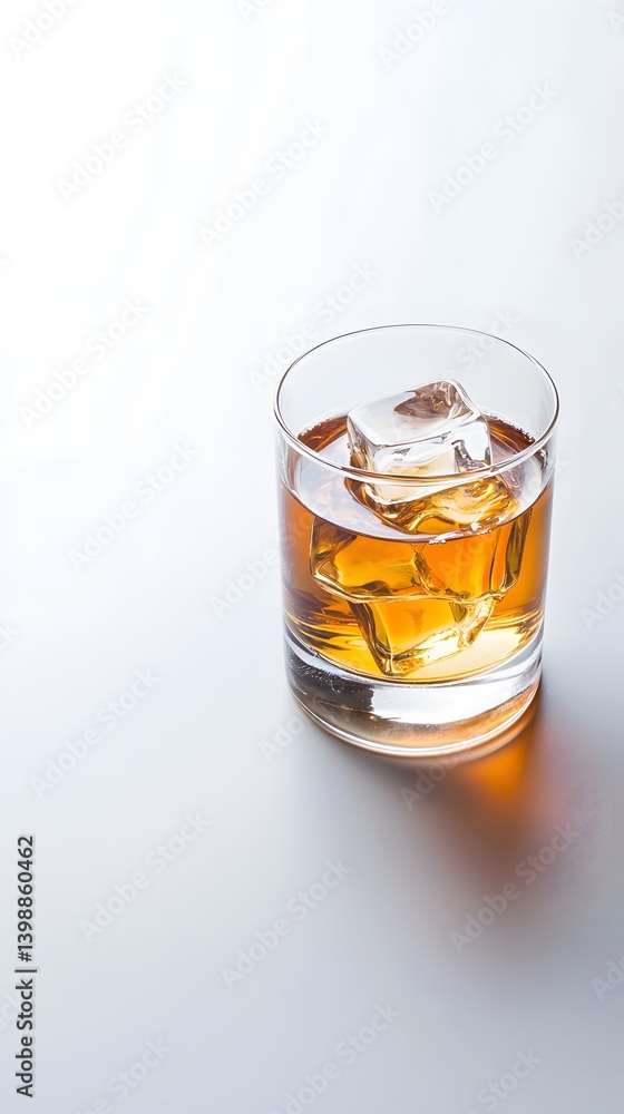 A rocks glass filled with amber liquid and ice cubes sits on a bright white background showcasing the clarity and color of the beverage. A rocks glass filled with amber liquid and ice cubes sits on a bright white background showcasing the clarity and color of the beverage.