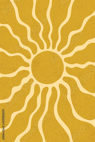 Summer sun pattern background. Groovy sun with wavy rays and vintage grainy t...