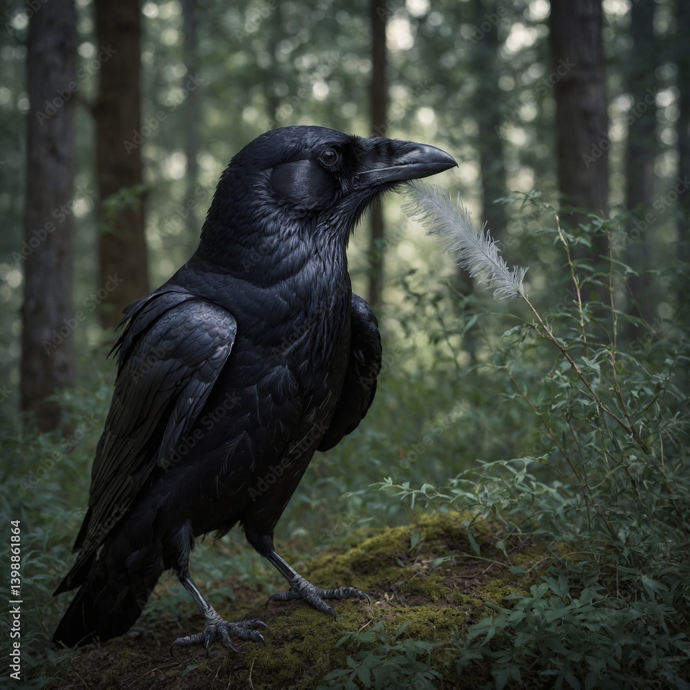 Fototapeta premium In a hidden grove, a raven with silver feathers grants one wish.