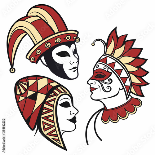 Elegant Venetian Carnival Masks Vector Set - Jester Hat, Feathered Mask, Red and Beige, Ornate Designs, Masquerade, Festive