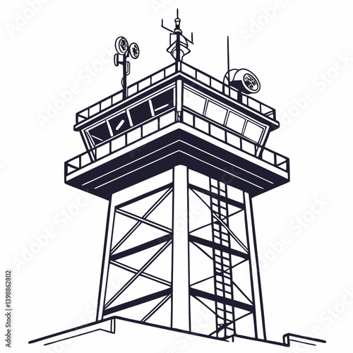 Monochrome Air Traffic Control Tower Line Art Airport Vector Graphic
