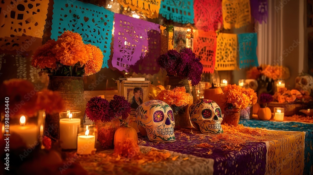 Fototapeta premium Colorful day of the dead altar with marigolds, candles, and skull decorations