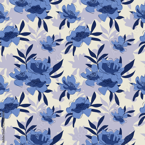 Seamless pattern with blue flowers on light abstract background. Vector. Summer floral design for home textiles, interiors, linens, fabric, wrapping.