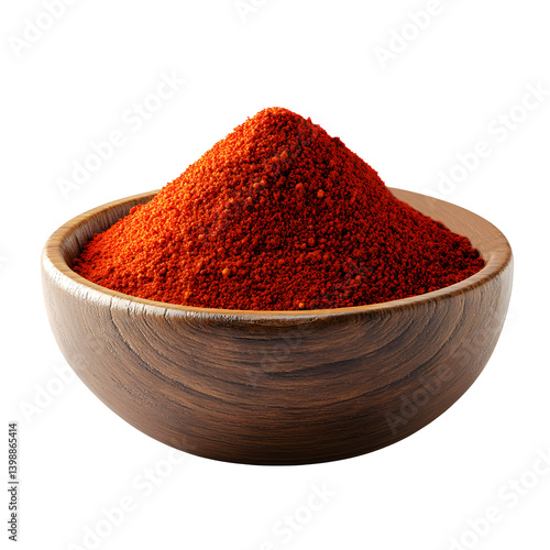 Red chilli powder in wooden bowl isolated on transparent background