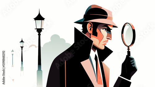 Illustrated detective peering through magnifying glass with focused expression. Vintage-style character design looking at clues. Concept: mystery books, investigation services, escape rooms.