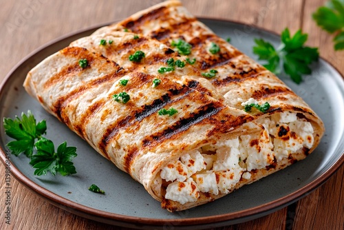 Wallpaper Mural Freshly grilled wrap stuffed with creamy cheese and herbs garnished with parsley, presented on a rustic plate amidst a warm atmosphere perfect for casual dining Torontodigital.ca