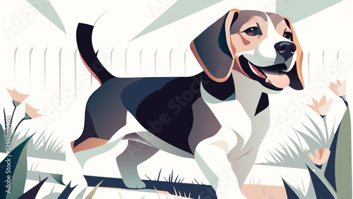 Beagle looking at camera near white picket fence. Cheerful pet portrait with geometric styling shows friendly expression. Concept: Pet Care, Veterinary Services