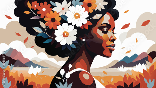 Young woman with vibrant flowers in hair gazes contemplatively against warm-toned background. Natural beauty portrait highlighting floral accessories. Concept: beauty salon, florist, lifestyle blog. 