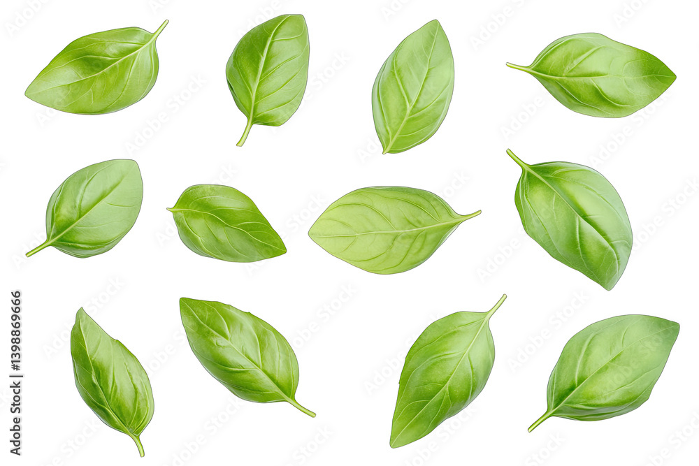 an arrangement of fresh basil leaves on a white background showcasing their vibrant green color and natural texture ideal for culinary use or botanical representation an arrangement of fresh basil leaves on a white background showcasing their vibrant green color and natural texture ideal for culinary use or botanical representation