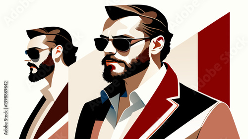 Confident man wearing stylish sunglasses looks at camera with urban backdrop. Contemporary fashion portrait with bold geometric elements. Concept: eyewear brand, fashion retailer, urban lifestyle