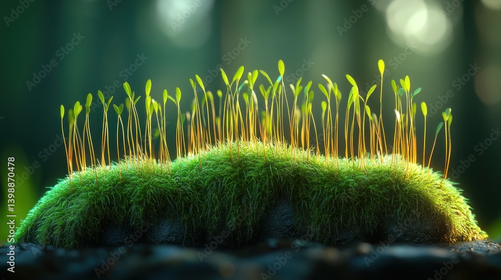 Fototapeta premium Emerging sprouts on a moss bed bathed in sunlight