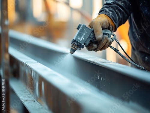 Worker Applying Coating to Metal Beam with Spray Gun