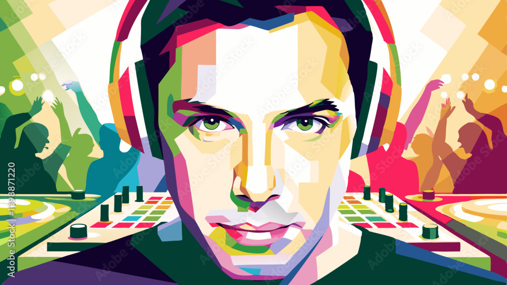 Professional DJ looking at camera while mixing tracks at colorful studio. Asian male DJ showing confidence behind deck. Pop art style portrait. Event concept: nightclub, music festival, entertainment Professional DJ looking at camera while mixing tracks at colorful studio. Asian male DJ showing confidence behind deck. Pop art style portrait. Event concept: nightclub, music festival, entertainment