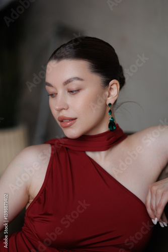 Beautiful pregnant woman in long red dress in sand. Big pregnant belly. Pretty brunette woman waiting child. Lady in room with chandeliers and portieres, fairy tale