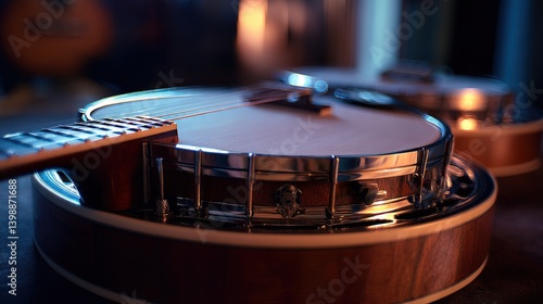 Close-up of vintage banjo in dramatic lighting musical instrument photography