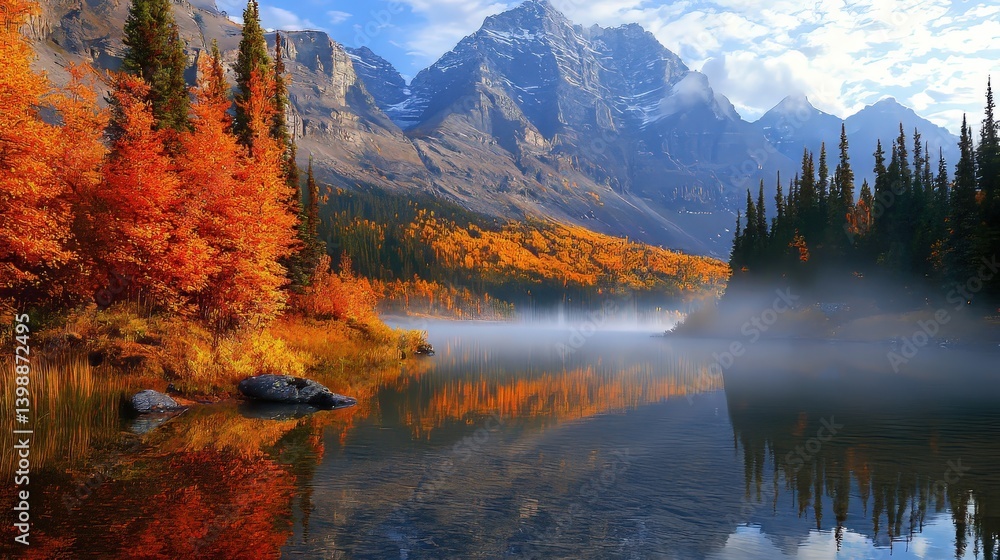 Naklejka premium Scenic autumn lake landscape with mountain reflection