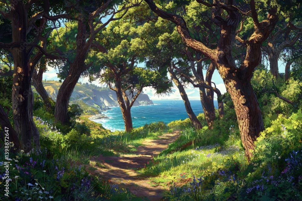 Fototapeta premium Coastal forest path sunlit nature trail with ocean view
