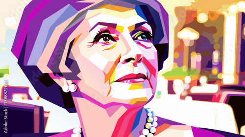 Mature woman in pearls and hat looks upward in vibrant pop art style portrait. Strong graphic treatment with bold colors creates engaging visual impact. Concept: Fashion boutique, art gallery, luxury 