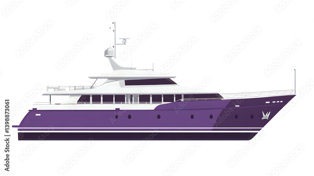 Fototapeta premium Luxury Motor Yacht Profile Purple Hull White Deck Ocean Vessel Illustration