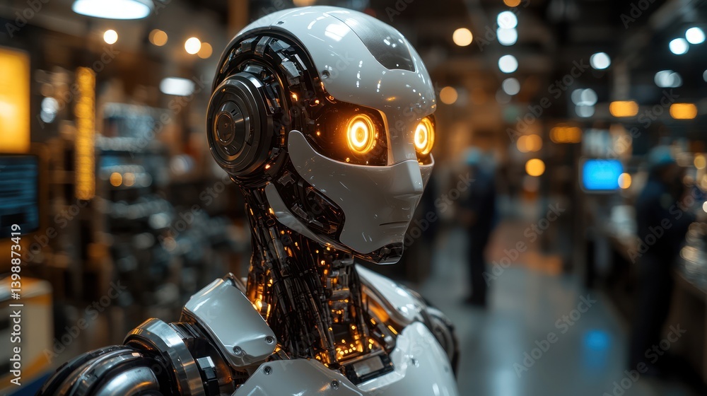 Close-up of a futuristic humanoid robot with glowing eyes in a blurred factory background.