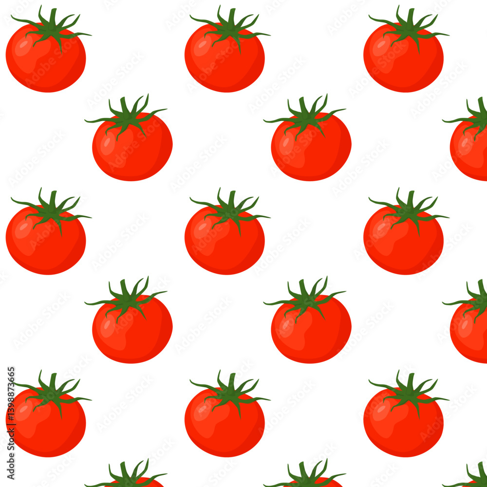 Pattern with tomato. Ripe juicy red tomato on a white background. Seamless vector background. For printing on paper, packaging, web and surfaces. Pattern with tomato. Ripe juicy red tomato on a white background. Seamless vector background. For printing on paper, packaging, web and surfaces.