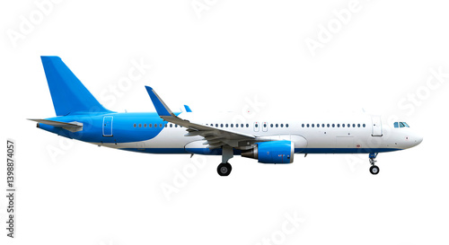 Side view of a passenger airplane with blue accents on a black background parked on the tarmac area