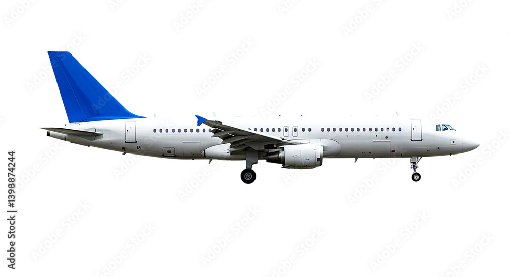 Fototapeta premium Side view of a white airplane with a blue tail fin and visible landing gear against a black background