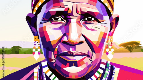 African woman looking at camera in pop art style — dignified age in bright cultural layers. Concept: cultural celebration, diversity media, heritage events.