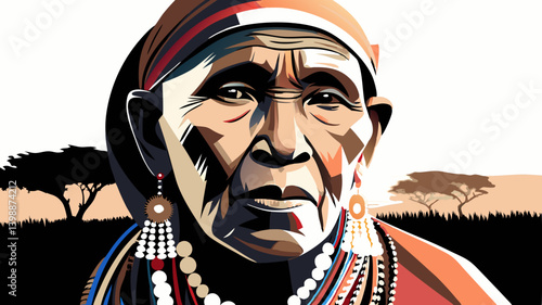 Elderly Maasai woman in traditional dress looks directly at camera, dignified portrait in warm earth tones. Cultural heritage captured. Concept: cultural tourism, indigenous art, documentary