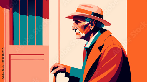 Elderly man in profile looking thoughtfully ahead, holding wooden cane against geometric background. Distinguished senior citizen portrait in muted earth tones. Concept: Senior care, retirement homes