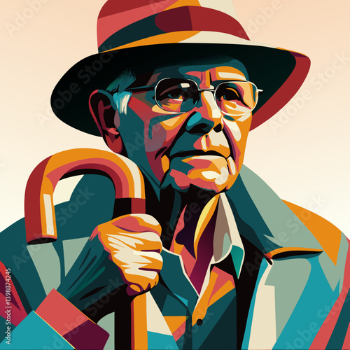 Senior gentleman in fedora hat looking directly at camera with gentle smile. Geometric portrait showing confidence and character. Concept: Heritage fashion, senior lifestyle