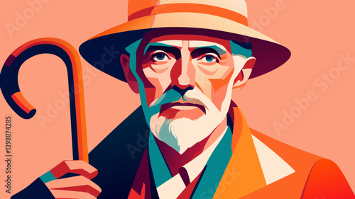 Elder man looks at camera holding shepherd’s crook in bold coat — visual story of tradition. Concept: agriculture marketing, rural heritage, graphic novels.