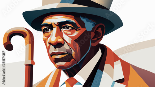 Elderly Black man looking at camera in top hat with cane — stoic and striking presence. Concept: urban history, style culture, storytelling portraits.