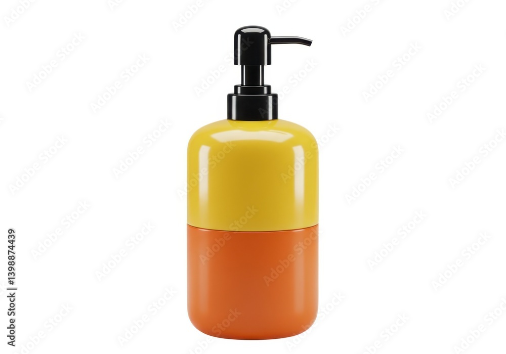 Yellow and orange soap dispenser with a black pump head isolated on white background Yellow and orange soap dispenser with a black pump head isolated on white background