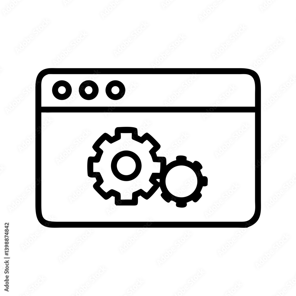 Black outline icon of web browser window with two gear settings symbol on white background representing website configuration and system customization Black outline icon of web browser window with two gear settings symbol on white background representing website configuration and system customization