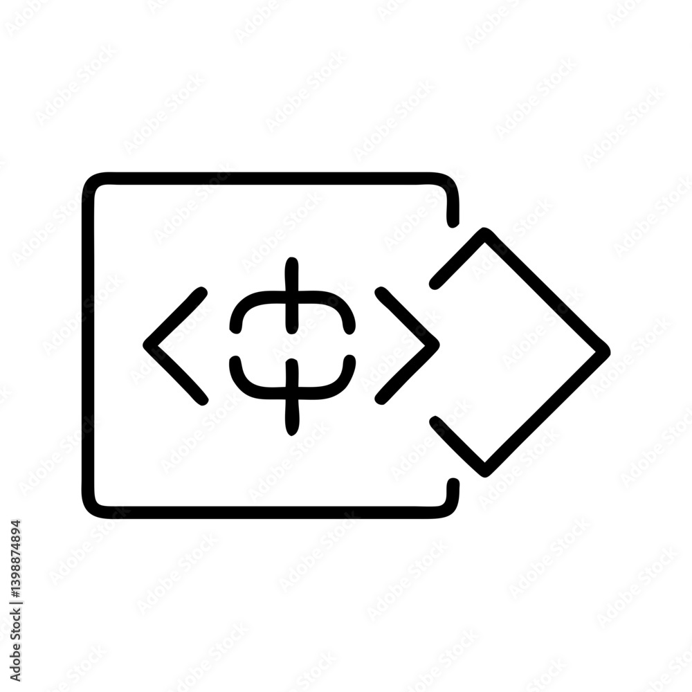 Black outline icon of coding interface with angle brackets, target symbol and arrow pointing right on white background for software automation and deployment Black outline icon of coding interface with angle brackets, target symbol and arrow pointing right on white background for software automation and deployment