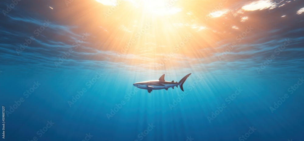 Naklejka premium Shark swimming underwater ocean sunlight wildlife marine life