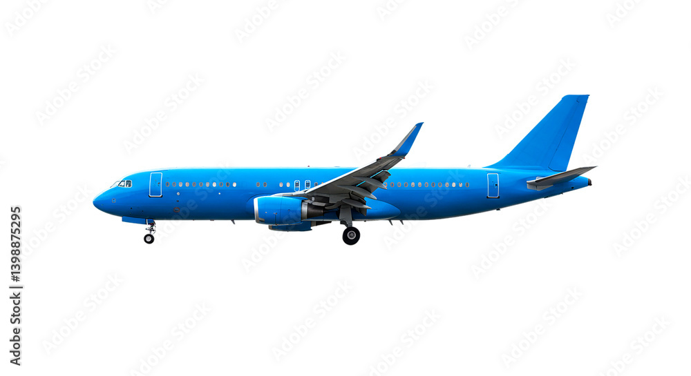 Obraz premium A side view of a blue airplane with visible engines wings and tail against a black background space