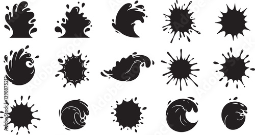 Monochrome Set of water wave splashes, falling aqua drops, sea or ocean waves. Blue water motion effects shape isolated on background, vector cartoon set