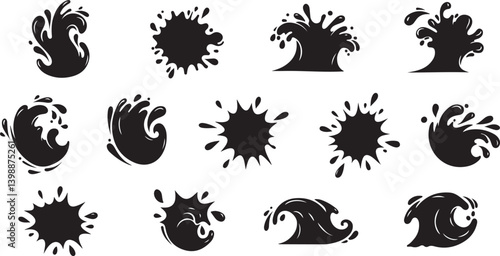 Monochrome Set of water wave splashes, falling aqua drops, sea or ocean waves. Blue water motion effects shape isolated on background, vector cartoon set